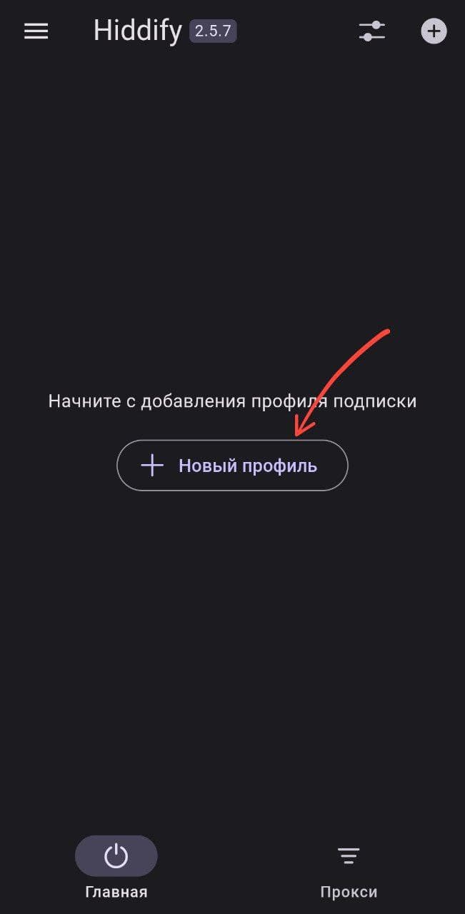 Кнопка Новый профиль в Hiddify