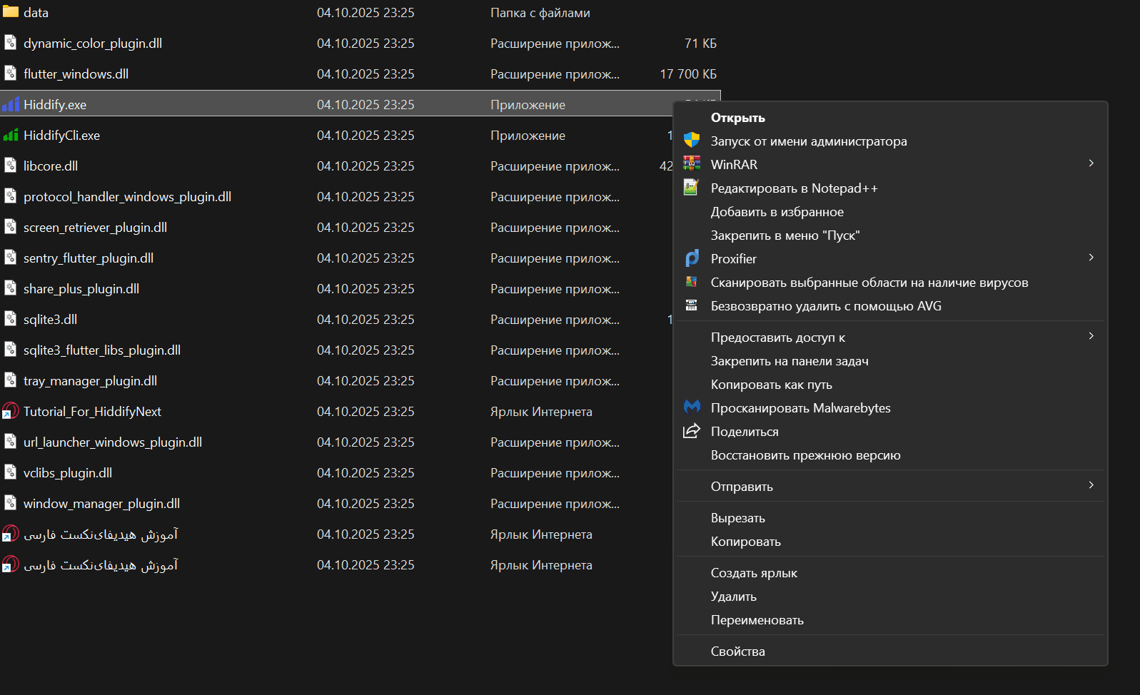 Контекстное меню файла Hiddify.exe